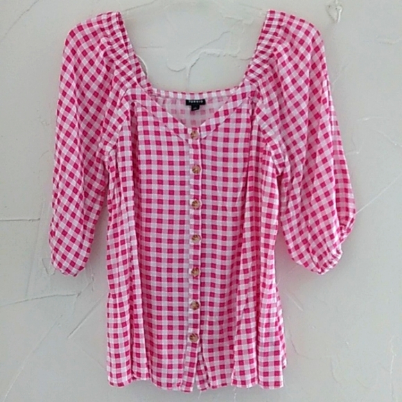 Torrid 2X Gingham Fit & Flare Rayon Slub Button Up 3/4 Sleeve Top - Picture 2 of 9